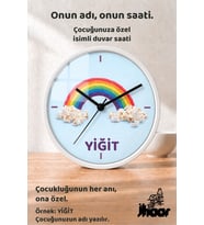 İsme Özel Renkli Gökkuşağı ve Bulut Çocuk Odası Duvar Saati Orta Boy 30 cm Beyaz Camlı Sessiz