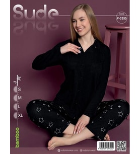 Sude Kadın Bambu Siyah Uzun Kol İnce Pijama Takımı S-3355 - 1 Adet