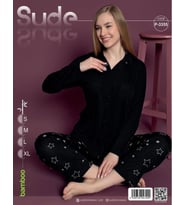 Sude Kadın Bambu Siyah Uzun Kol İnce Pijama Takımı S-3355 - 1 Adet