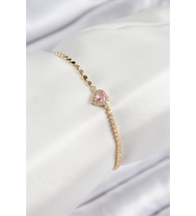 Pirinç Zirkon Taşlı Model Ezme Zincir Gold Renk Kadın Bileklik - Tj-Bb7585