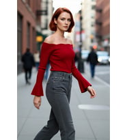 Kadın Carmen Yaka Fitted Akrilik Triko Bluz Uzun Reglan Kollu Fitilli Dokuma İlkbahar Sonbahar