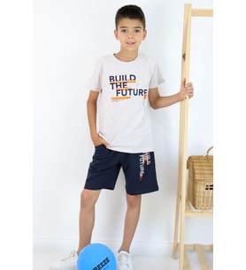 BREEZE Erkek Çocuk Şortlu Takım Yazı Baskılı Cepli 8-14 Yaş, Bej Melanj