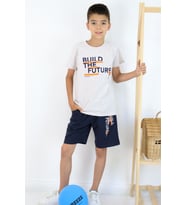 BREEZE Erkek Çocuk Şortlu Takım Yazı Baskılı Cepli 8-14 Yaş, Bej Melanj