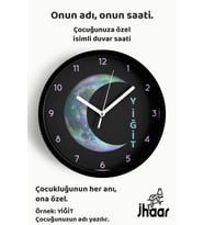 İsme Özel Soyut Renkli Ay Çocuk Odası Duvar Saati Orta Boy 30 cm Siyah Camlı Sessiz