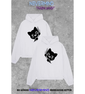 Çift Kombini Sweatshirt Seti – 3 İplik Oversize Kedi Desenli Hoodie Unisex (Beyaz)