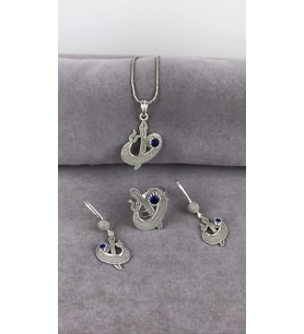 Telkari Safir Taşlı Elif Vav Gümüş Kadın Set