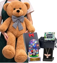 Kahve Büyük Boy Peluş Ayıcık, Size Özel Renkli Işıklı Fanus ve Anka Kuşu Kolye (Model 6)