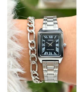 Casio Çelik Kordon,Gümüş Renk,Siyah Kadran, Kare Kasa ,Roma Rakamlı Kadın Kol Saati+Bileklik