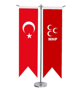 Masa Üstü Kırlangıç MHP + Türk Bayrağı + Krom T Direk Masa Bayrak Seti
