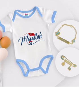 BK Kids Kişiye Özel Maşallah Tasarımlı Mavi Bebek Body Zıbın Erkek Bebek Künyesi ve İğnesi Hediye Seti-3