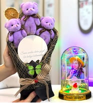 Kişiye Özel Renkli Led Işıklı Biblolu Fanus ve Aynalı Mor Peluş Ayıcık Buketi (Model 4)