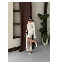 Kadın Elbise Uzun Kol Yırtmaçlı Desenli Sade Şık Uzun Elbise (Beyaz)