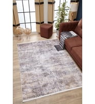 Modern Ekru Antrasit Soyut Motifli Eskitme Halı Kaymaz Tabanlı Şık Salon Tasarımı