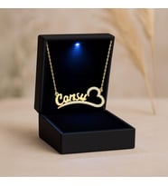 Işıklı Kutuda Kalpli İsimli Taşlı Kişiye Özel Gümüş Kolye (Gold)