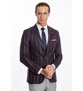 Çizgili Slim Fit Bordo Erkek Ceket - Wessi