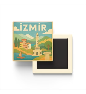 İzmir - Memleket Temalı - Paper Cut Art - Baskılı Buzdolap Magneti Kare - 9x9 cm
