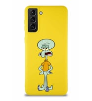Samsung Galaxy S21 Plus Soft Premier Kapak Squidward Dokunaç Tasarımlı Silikon Kılıf - Sarı (Şeffaf)