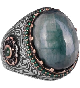 Yapılmış Taş Yüzük - 925 Ayar Gümüş El Yapımı Yüzük - Yapılmış Cabochon Zümrüt Yüzük