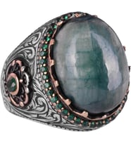 Yapılmış Taş Yüzük - 925 Ayar Gümüş El Yapımı Yüzük - Yapılmış Cabochon Zümrüt Yüzük
