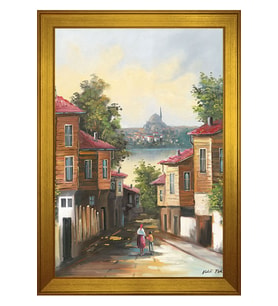 Eski İstanbul Sokakları Motifli Kanvas Tablo 80 x 110 cm Gold Çerçeve