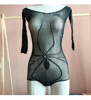Örümcek Ağı Tasarımlı File Parıldayan Taşlı Bodysuit-SİYAH