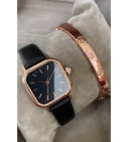 Bileklik Hediyeli ve Kol Saati Seti Siyah Kordon Çelik Kasa Rose Cartier Bileklik Seti Kadın Modası Çok Satan Ürünler Sevgiliye Arkadaşa Anneye Ablaya Kız Kardeşe Hediyelik Set Hediyesi