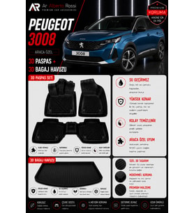 PEUGEOT 3008 ELEKTRIKLI 2024-2026 Araca Özel 3D Paspas + 3D Bagaj Havuzu