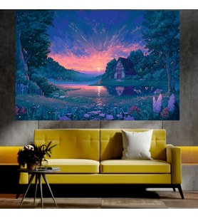 Köy Evi ve Göl Manzaralı Sanatsal Dekoratif Duvar Tablosu (70x100 cm)
