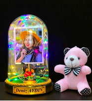 Sizlere Özel Renkli Led Işıklı Biblolu Fanus ve Pembe Peluş Ayıcıklı Anahtarlık (Model 6)