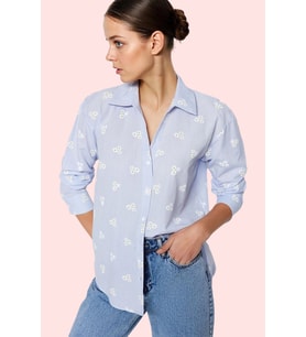 Kadın Çiçek Desenli Pamuklu Oversize Gömlek Basic Kalıp Uzun Kollu Günlük Kullanım Hafta Sonu (Mavi)