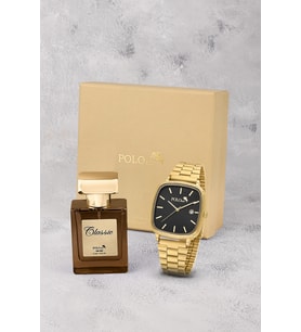 Polo Air Takvimli Dikdörtgen Kasa Hasır Metal Kordon Erkek Kol Saati Ve 55 ml Parfüm Gold Siyah Renk ST-5022E6