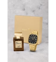 Polo Air Takvimli Dikdörtgen Kasa Hasır Metal Kordon Erkek Kol Saati Ve 55 ml Parfüm Gold Siyah Renk ST-5022E6