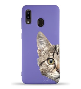Samsung Galaxy A20 Uyumlu Lansman Kılıf Catface Tasarımlı İçi Kadife Kapak-Mor (Şeffaf)