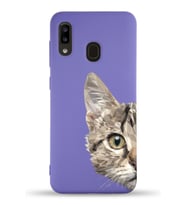 Samsung Galaxy A20 Uyumlu Lansman Kılıf Catface Tasarımlı İçi Kadife Kapak-Mor (Şeffaf)
