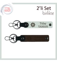 Gemi Dümeni Temalı Deri Anahtarlık Seti, İsimli Hediyelik, Kişiselleştirilebilir, Beyaz-Koyu Kahve