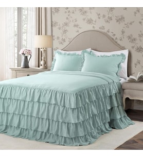 Aqua Allison Fırfırlı Etek Yatak Örtüsü Vintage Şık Çiftlik Evi Tarzı Hafif 3 Parça Set Queen