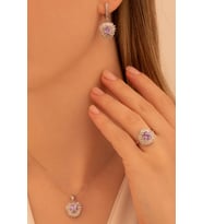 Kadın Gümüş Set - Kalp Model Ametist Taşlı Baget Süslemeli Rodyumlu Kadın Set