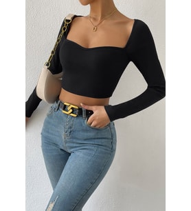 Kadın Siyah Uzun Kol Göğüs Dekolteli Şık Crop Top Bluz