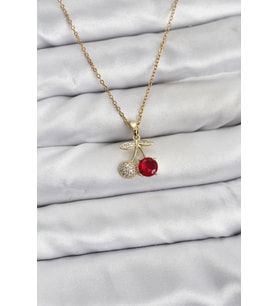 316L Çelik Zincir Gold Renk Kiraz Model Zirkon Taşlı Kadın Kolye - TJ-BKO10854