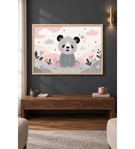 Kalpli Krem Zeminde Panda Ahşap Çerçeveli Duvar Tablosu
