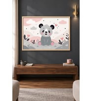Kalpli Krem Zeminde Panda Ahşap Çerçeveli Duvar Tablosu
