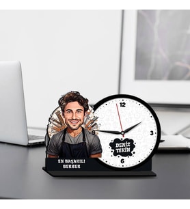 Erkek Berbere Hediye Karikatürlü MDF Masa Saati