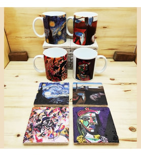 Dali, Van Gogh, Picasso, Kandinsky Tasarımlı 4'lü Kupa Bardak Mug ve Taş Bardak Altlığı Seti