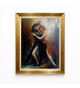 Tablore Romantik Tango Dansı Yağlıboya Dokulu Kanvas Tablo Altın Çerçeveli Salon Duvar Dekoru
