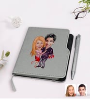 BK Gift Kişiye Özel Sevgililer Karikatürlü Gri Termo Deri Defter Kalem Seti-2