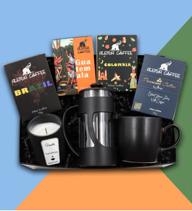 Vanilya Kokulu Bardak Mum & Alerya Premium Filtre Kahve & Alerya Colombia Filtre Kahve & Alerya Coffee Guatemala Filtre Kahve & Alerya Brazil Filtre Kahve & Siyah Mat Kupa & Siyah French Press Hediye Seti