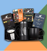 Vanilya Kokulu Bardak Mum & Alerya Premium Filtre Kahve & Alerya Colombia Filtre Kahve & Alerya Coffee Guatemala Filtre Kahve & Alerya Brazil Filtre Kahve & Siyah Mat Kupa & Siyah French Press Hediye Seti
