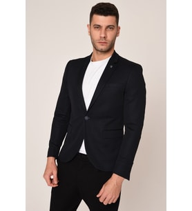 Lacivert, Puantiyeli Yarım Astar Blazer Tek Ceket Mono Yaka Slim Fit  Agustini