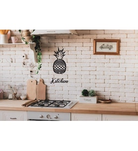 Ananas Duvar Dekoru + Kitchen Yazısı Duvar Süsü Ananas Tablosu (Siyah - Beyaz)