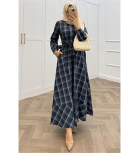 Neşeli butik kadın ekose desenli düğme detaylı tesettür elbise NMS076